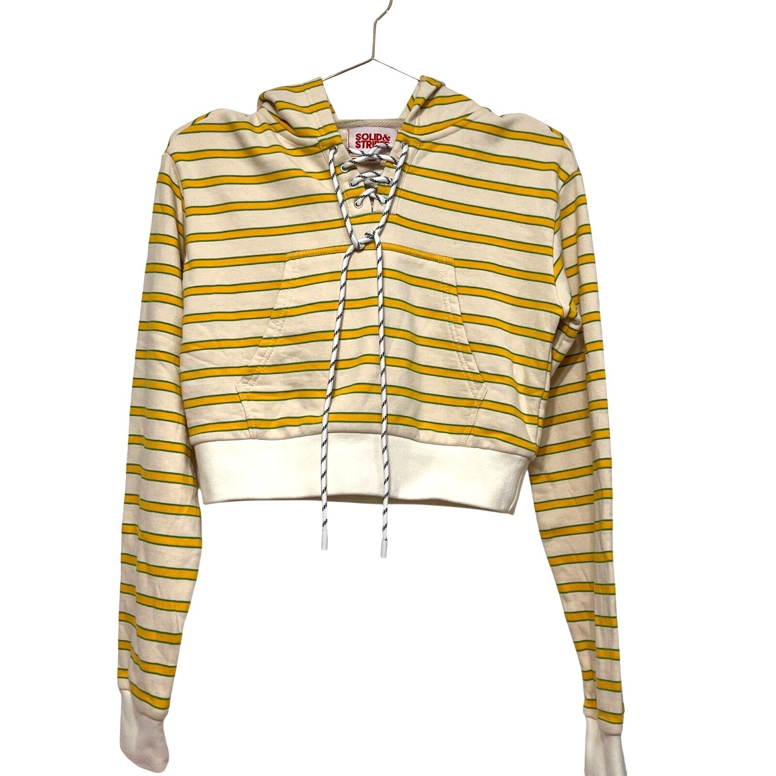 Solid & Striped Cropped Hoodie Lace Up Neck Yellow Stripe Xs